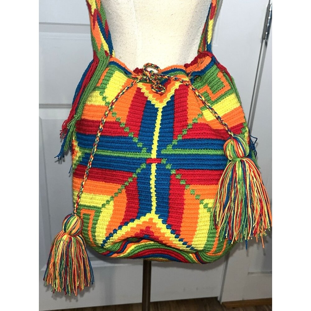Wayuu Mochila Woven Bucket Bag Crossbody Tribal Drawstring Fringe Bright Neon
